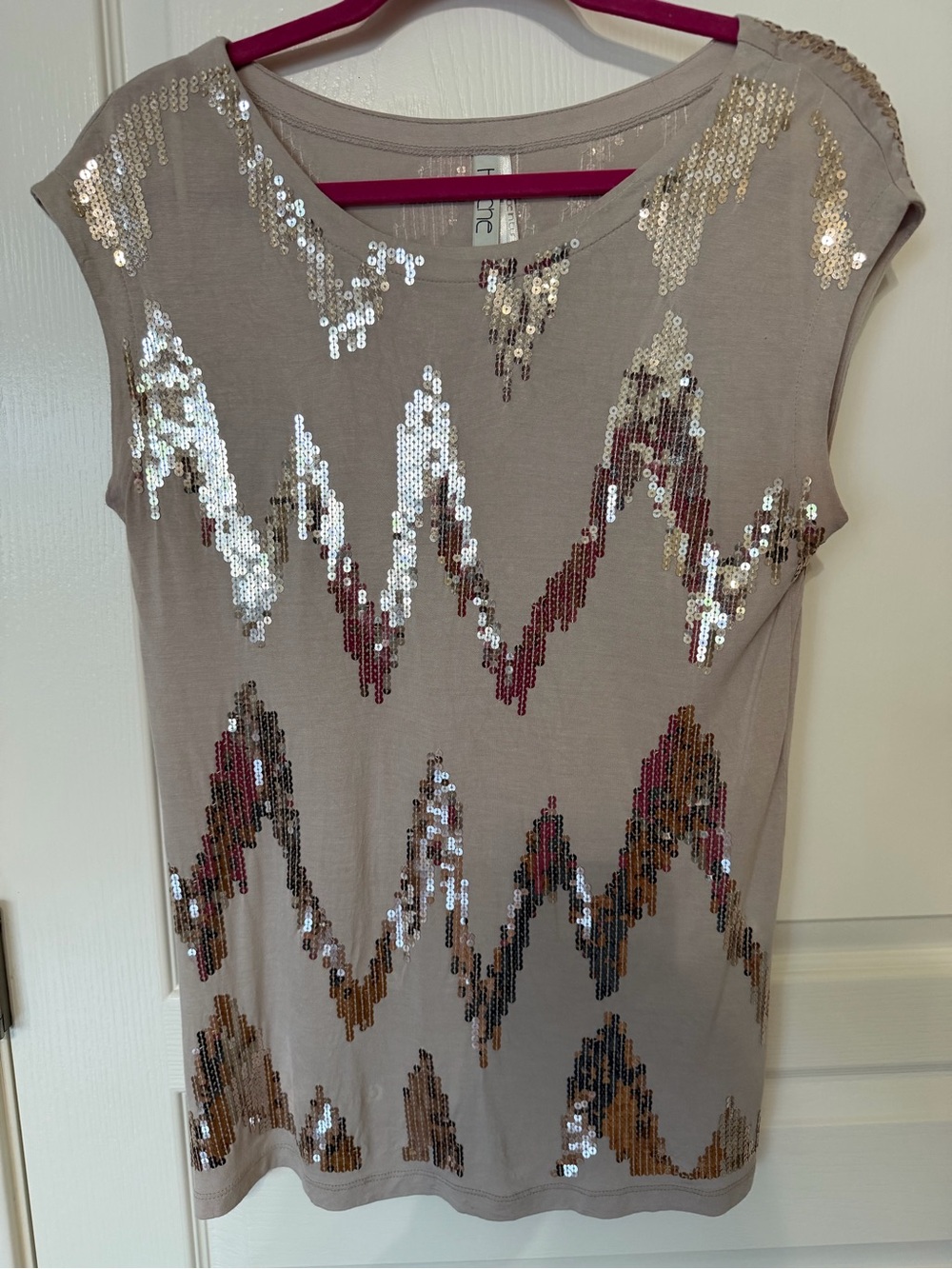 Kische Taupe Sequin Accent Tee with Metallic Chevron Detailing